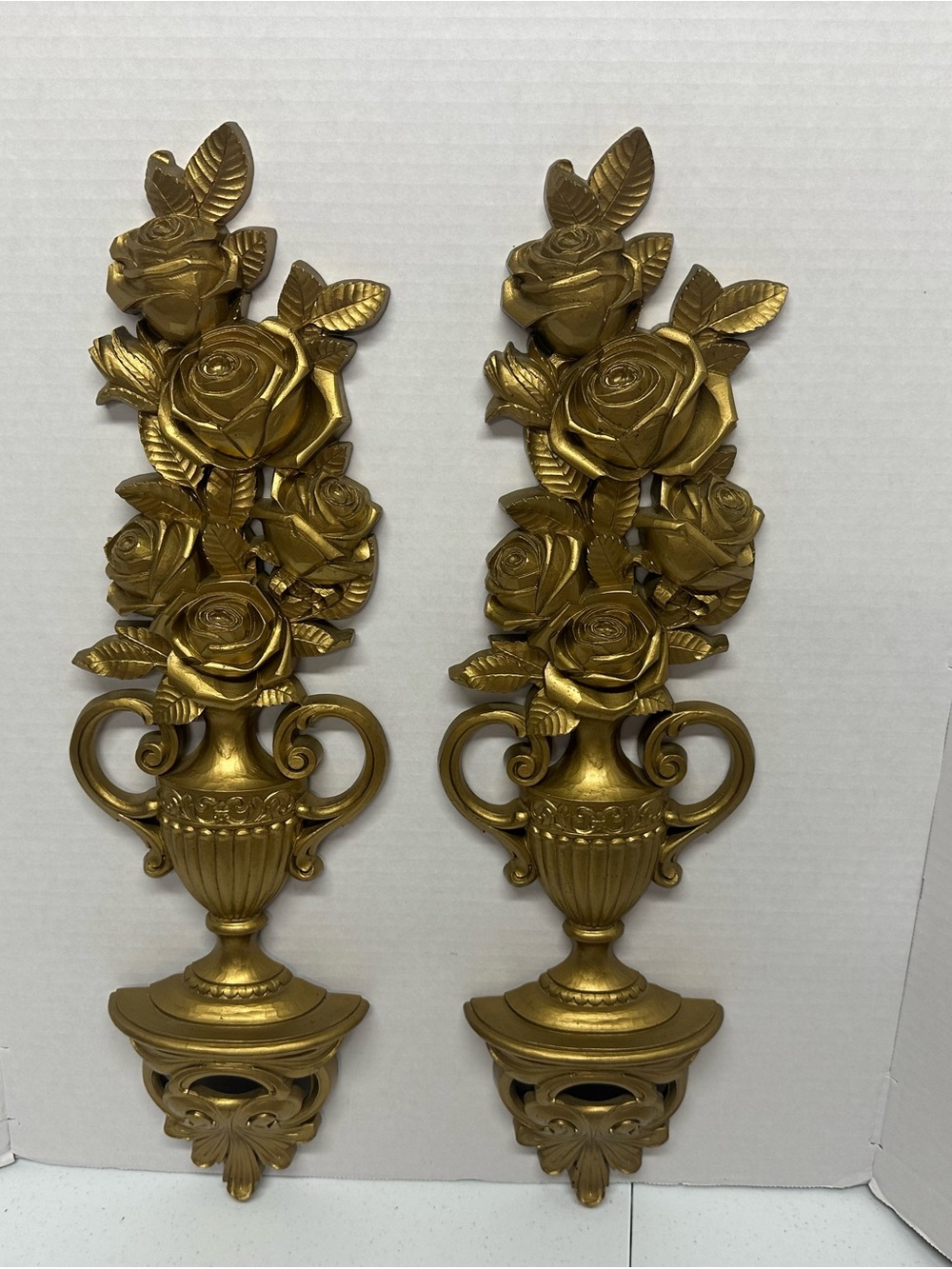 Vintage Syroco Gold Rose Urn Wall Plaques Pair Hollywood Regency 24” USA